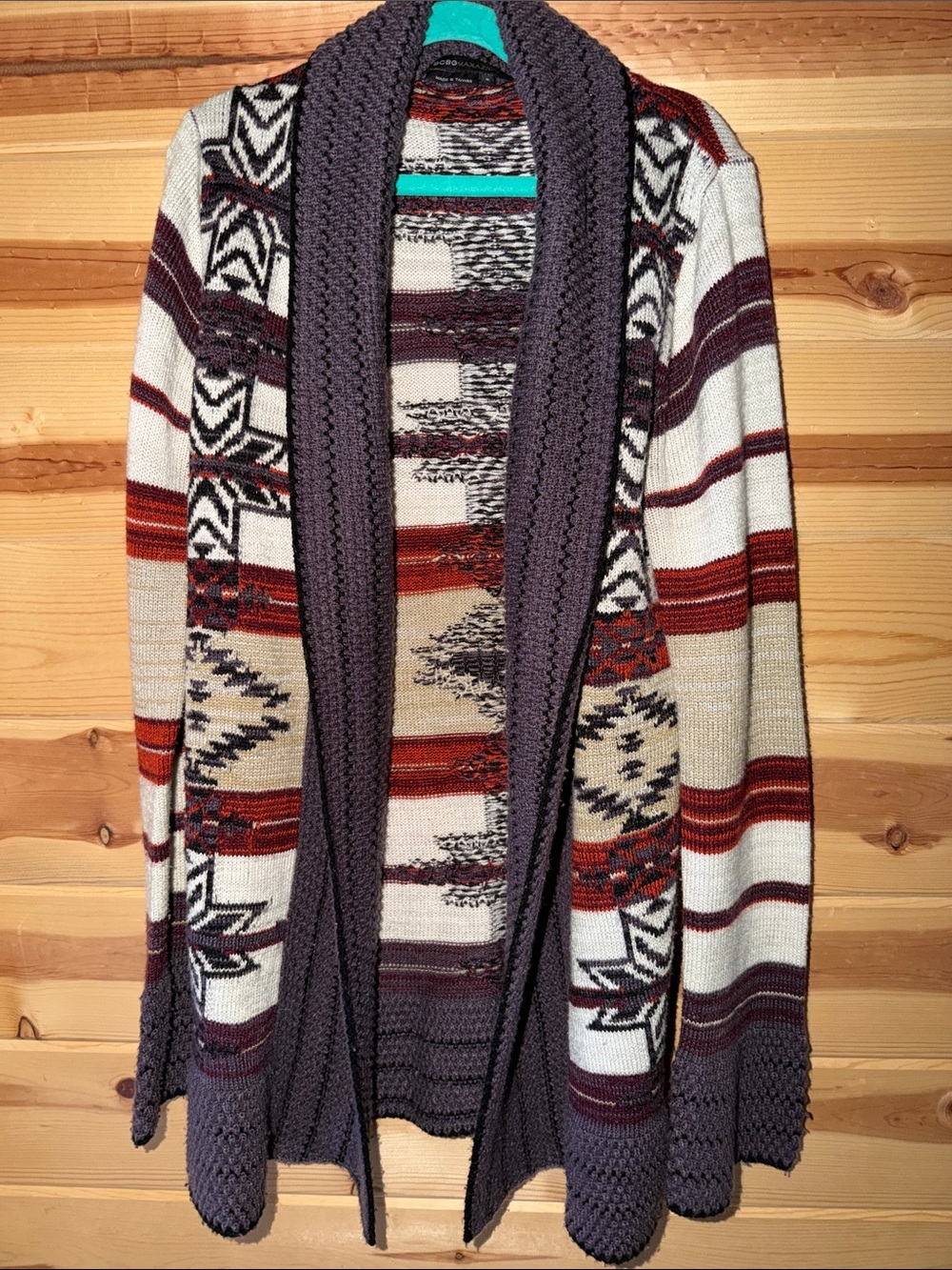BCBGMaxAzria Open-Front Aztec Cardigan in Cream, Burgundy & Rust